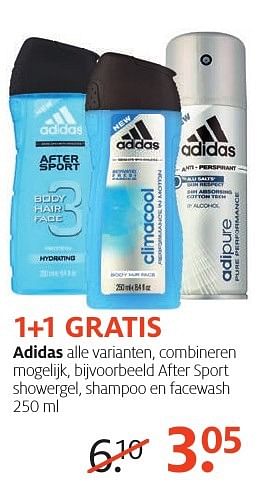 Aanbiedingen Adidas after sport showergel, shampoo en facewash - Adidas - Geldig van 16/01/2017 tot 29/01/2017 bij Etos