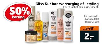 Aanbiedingen Shampoo total repair - Gliss Kur - Geldig van 17/01/2017 tot 29/01/2017 bij Trekpleister