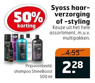 Aanbiedingen Shampoo shineboost - Syoss - Geldig van 17/01/2017 tot 29/01/2017 bij Trekpleister