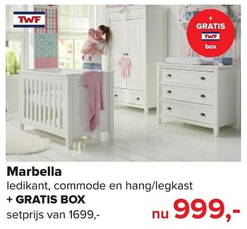 Aanbiedingen Marbella ledikant, commode en hang-legkast + gratis box - TWF - Geldig van 02/01/2017 tot 29/01/2017 bij Baby-Dump