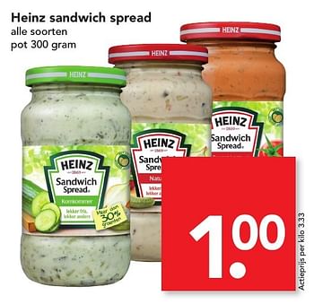 Aanbiedingen Heinz sandwich spread - Heinz - Geldig van 22/01/2017 tot 28/01/2017 bij Deen Supermarkten