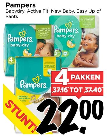 Aanbiedingen Pampers babydry, active fit, new baby, easy up of pants - Pampers - Geldig van 22/01/2017 tot 28/01/2017 bij Vomar
