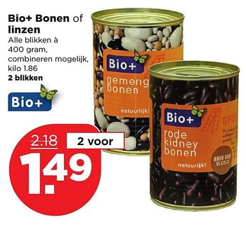 Aanbiedingen Bio+ bonen of linzen - Bio+ - Geldig van 22/01/2017 tot 28/01/2017 bij Plus