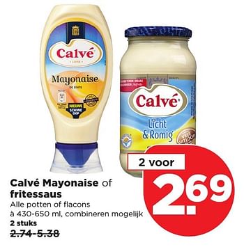 Aanbiedingen Calvé mayonaise of fritessaus - Calve - Geldig van 22/01/2017 tot 28/01/2017 bij Plus