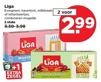 Aanbiedingen Liga evergreen, haverkick, milkbreak of letterbeertjes - Liga - Geldig van 22/01/2017 tot 28/01/2017 bij Plus