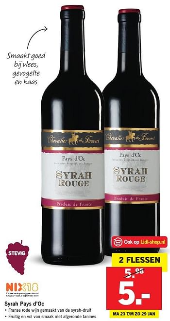 Aanbiedingen Syrah pays d`oc - Rode wijnen - Geldig van 23/01/2017 tot 29/01/2017 bij Lidl