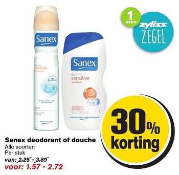 Aanbiedingen Sanex deodorant of douche - Sanex - Geldig van 25/01/2017 tot 31/01/2017 bij Hoogvliet