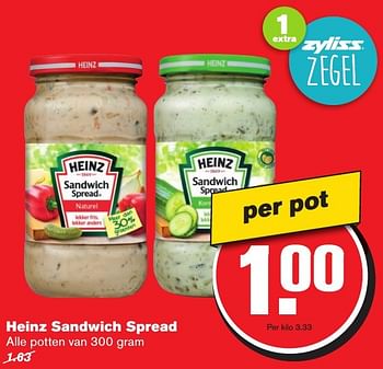 Aanbiedingen Heinz sandwich spread - Heinz - Geldig van 25/01/2017 tot 31/01/2017 bij Hoogvliet