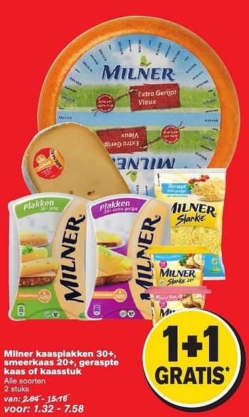 Aanbiedingen Milner kaasplakken 30+, smeerkaas 20+, geraspte kaas of kaasstuk - Milner - Geldig van 25/01/2017 tot 31/01/2017 bij Hoogvliet