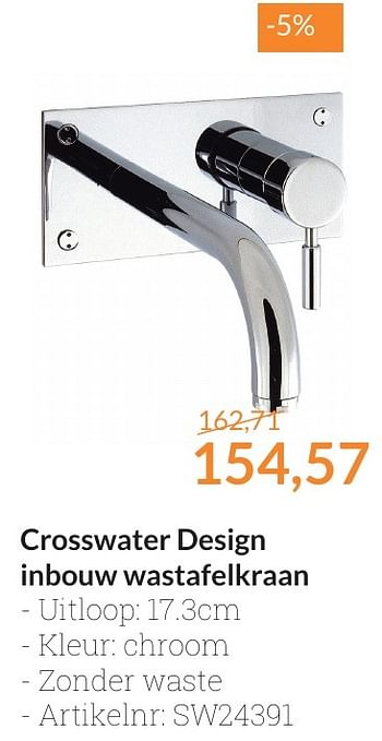 Aanbiedingen Crosswater design inbouw wastafelkraan - Crosswater - Geldig van 01/02/2017 tot 28/02/2017 bij Sanitairwinkel