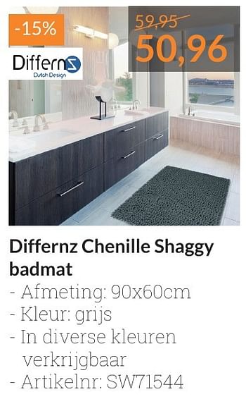 Aanbiedingen Differnz chenille shaggy badmat - Differnz - Geldig van 01/02/2017 tot 28/02/2017 bij Sanitairwinkel