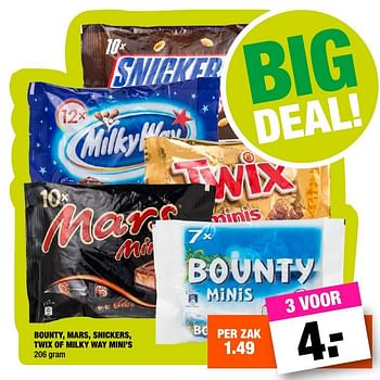 Aanbiedingen Bounty, mars, snickers, twix of milky way mini`s - Mars Snacks - Geldig van 31/01/2017 tot 06/02/2017 bij Big Bazar
