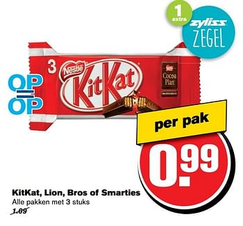 Aanbiedingen Kitkat, lion, bros of smarties - Nestlé - Geldig van 01/02/2017 tot 07/03/2017 bij Hoogvliet