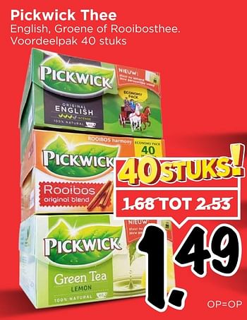 Aanbiedingen Pickwick thee english, groene of rooibosthee - Pickwick - Geldig van 05/02/2017 tot 11/02/2017 bij Vomar