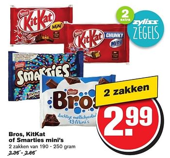 Aanbiedingen Bros, kitkat of smarties mini`s - Nestlé - Geldig van 08/02/2017 tot 14/02/2017 bij Hoogvliet