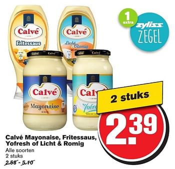 Aanbiedingen Calvé mayonaise, fritessaus, yofresh of licht + romig - Calve - Geldig van 08/02/2017 tot 14/02/2017 bij Hoogvliet