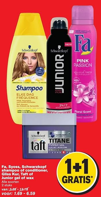 Aanbiedingen Fa, syoss, schwarzkopf shampoo of conditioner, gliss kur, taft of junior gel of wax - Fa - Geldig van 08/02/2017 tot 14/02/2017 bij Hoogvliet