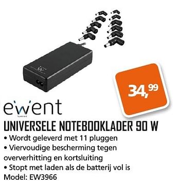 Aanbiedingen Ewent universele notebooklader 90 w - Ewent - Geldig van 25/01/2017 tot 12/02/2017 bij ITprodeals