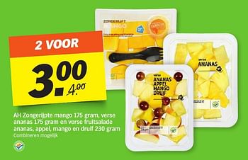 Aanbiedingen Ah zongerijpte mango verse ananas en verse fruitsalade ananas, appel, mango en druif - Huismerk - Albert Heijn - Geldig van 05/02/2017 tot 12/02/2017 bij Albert Heijn