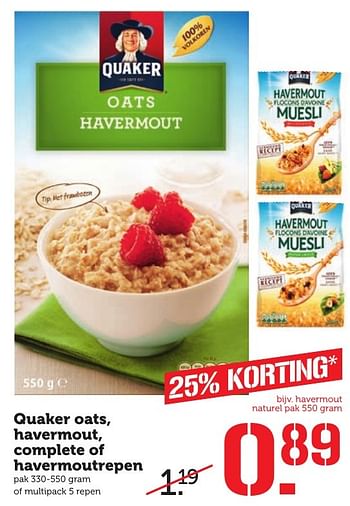Aanbiedingen Quaker oats, havermout, complete of havermoutrepen - Quaker - Geldig van 05/02/2017 tot 12/02/2017 bij Coop