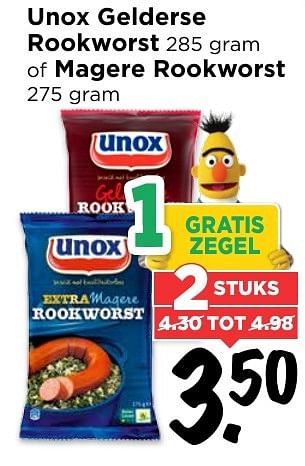 Aanbiedingen Unox gelderse rookworst of magere rookworst - Unox - Geldig van 12/02/2017 tot 18/02/2017 bij Vomar