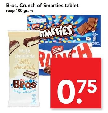 Aanbiedingen Bros, crunch of smarties tablet - Nestlé - Geldig van 12/02/2017 tot 18/02/2017 bij Deen Supermarkten
