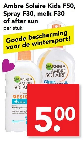 Aanbiedingen Ambre solaire kids f50, spray f30, melk f30 of after sun - Garnier - Geldig van 12/02/2017 tot 18/02/2017 bij Deen Supermarkten