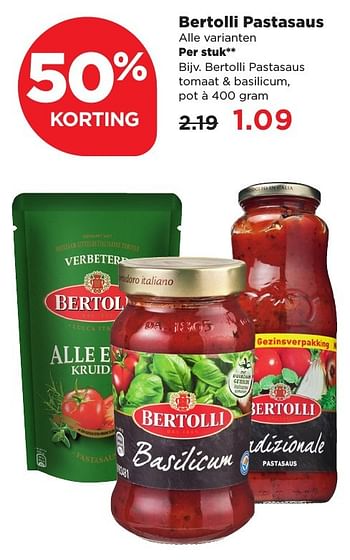 Aanbiedingen Bertolli pastasaus tomaat + basilicum - Bertolli - Geldig van 11/02/2017 tot 18/02/2017 bij Plus