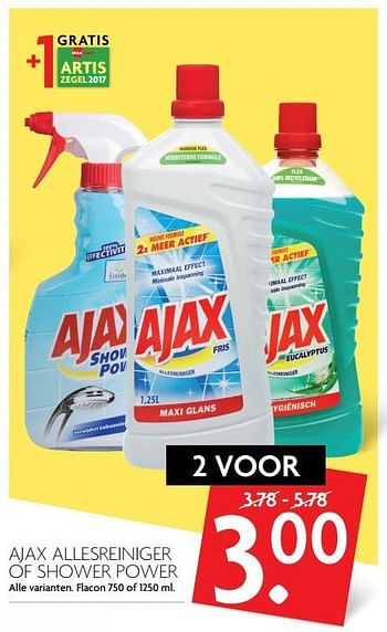 Aanbiedingen Ajax allesreiniger of shower power - Ajax - Geldig van 12/02/2017 tot 18/02/2017 bij Deka Markt