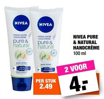 Aanbiedingen Nivea pure + natural handcrème - Nivea - Geldig van 14/02/2017 tot 20/02/2017 bij Big Bazar