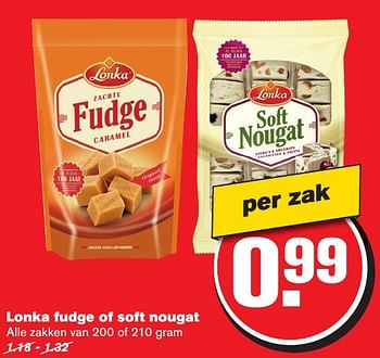Aanbiedingen Lonka fudge of soft nougat - Lonka - Geldig van 12/02/2017 tot 21/02/2017 bij Hoogvliet