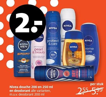 Aanbiedingen Nivea douche 200 en 250 ml en deodorant - Nivea - Geldig van 13/02/2017 tot 26/02/2017 bij Etos
