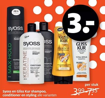 Aanbiedingen Syoss en gliss kur shampoo, conditioner en styling - Syoss - Geldig van 13/02/2017 tot 26/02/2017 bij Etos
