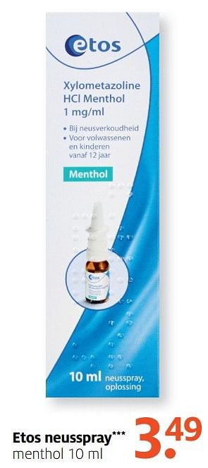 Aanbiedingen Etos neusspray menthol - Huismerk - Etos - Geldig van 13/02/2017 tot 26/02/2017 bij Etos