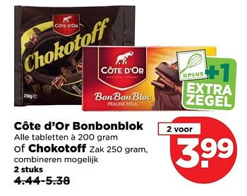 Aanbiedingen Côte d`or bonbonblok of chokotoff - Cote D'Or - Geldig van 19/02/2017 tot 25/02/2017 bij Plus