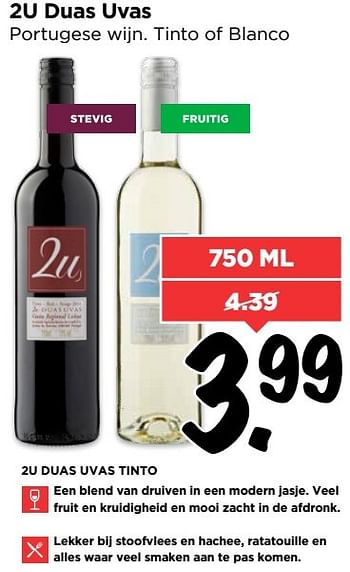 Aanbiedingen 2u duas uvas portugese wijn. tinto of blanco - Rode wijnen - Geldig van 19/02/2017 tot 25/02/2017 bij Vomar