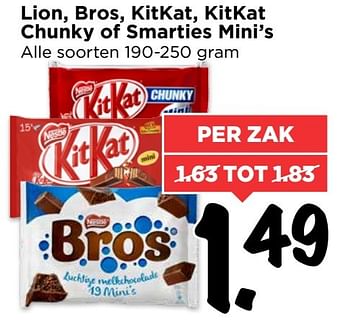 Aanbiedingen Lion, bros, kitkat, kitkat chunky of smarties mini`s - Huismerk Vomar - Geldig van 19/02/2017 tot 25/02/2017 bij Vomar