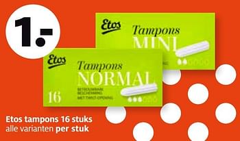 Aanbiedingen Etos tampons - Huismerk - Etos - Geldig van 20/02/2017 tot 26/02/2017 bij Etos