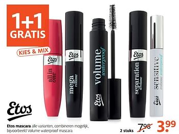 Aanbiedingen Etos mascara volume waterproof - Huismerk - Etos - Geldig van 20/02/2017 tot 26/02/2017 bij Etos