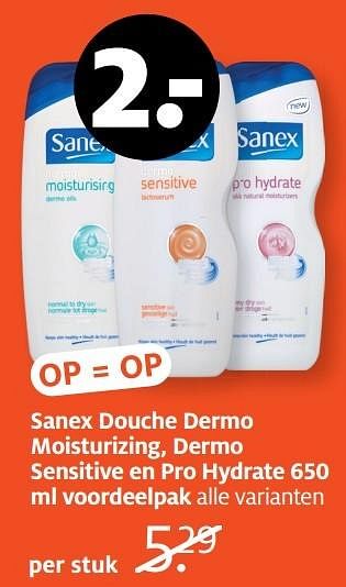 Aanbiedingen Sanex douche dermo moisturizing, dermo sensitive en pro hydrate voordeelpak - Sanex - Geldig van 20/02/2017 tot 26/02/2017 bij Etos