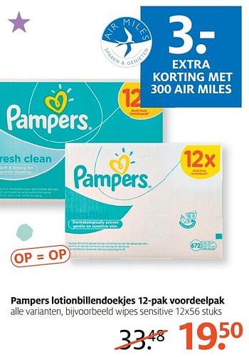 Aanbiedingen Pampers lotionbillendoekjes 12-pak voordeelpak wipes sensitive - Pampers - Geldig van 20/02/2017 tot 26/02/2017 bij Etos
