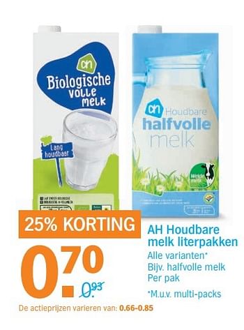 Aanbiedingen Ah houdbare melk literpakken - Huismerk - Albert Heijn - Geldig van 20/02/2017 tot 26/02/2017 bij Albert Heijn