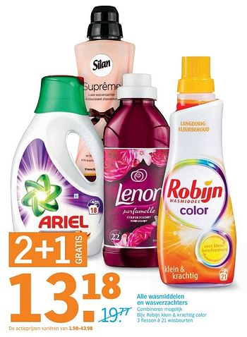 Aanbiedingen Alle wasmiddelen en wasverzachters robijn klein + krachtig color - Robijn - Geldig van 20/02/2017 tot 26/02/2017 bij Albert Heijn