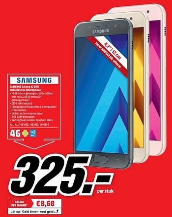 Aanbiedingen Samsung galaxy a3 2017 simloclvije smartphone - Samsung - Geldig van 20/02/2017 tot 26/02/2017 bij Media Markt