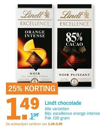 Aanbiedingen Lindt chocolade excellence orange intense - Lindt - Geldig van 20/02/2017 tot 26/02/2017 bij Albert Heijn