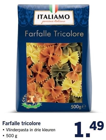 Aanbiedingen Farfalle tricolore - Italiamo - Geldig van 20/02/2017 tot 26/02/2017 bij Lidl