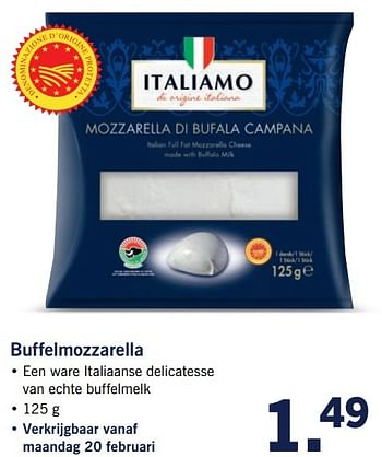 Aanbiedingen Buffelmozzarella - Italiamo - Geldig van 20/02/2017 tot 26/02/2017 bij Lidl