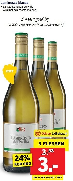Aanbiedingen Lambrusco bianco - Witte wijnen - Geldig van 20/02/2017 tot 26/02/2017 bij Lidl