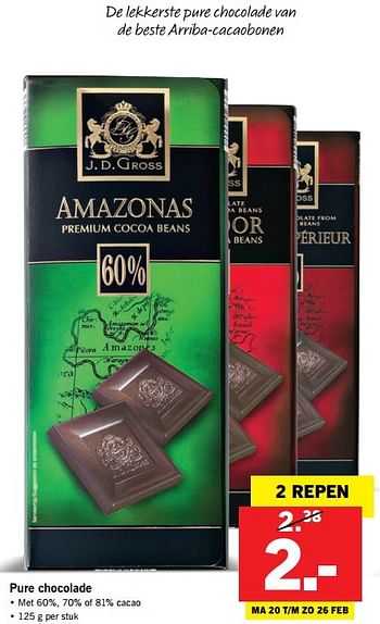 Aanbiedingen Pure chocolade - J.D.Gross - Geldig van 20/02/2017 tot 26/02/2017 bij Lidl