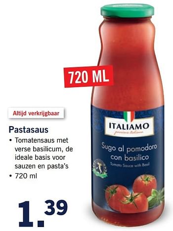 Aanbiedingen Pastasaus - Italiamo - Geldig van 20/02/2017 tot 26/02/2017 bij Lidl